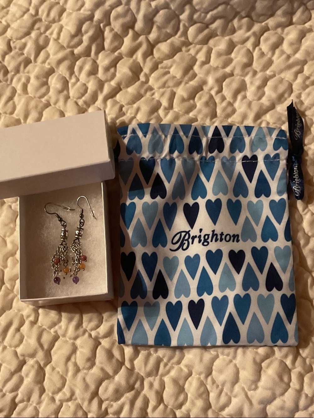 Brighton Blue Heart Drawstring Jewelry Pouch with Multicolor Earrings